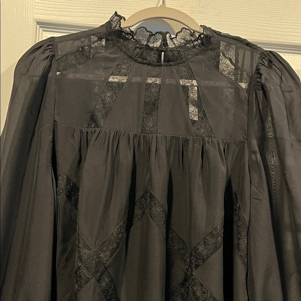 Madewell Silk Lace Inset Long Sleeve Black Top Delicate Intricate Romantic Flowy - Picture 3 of 16